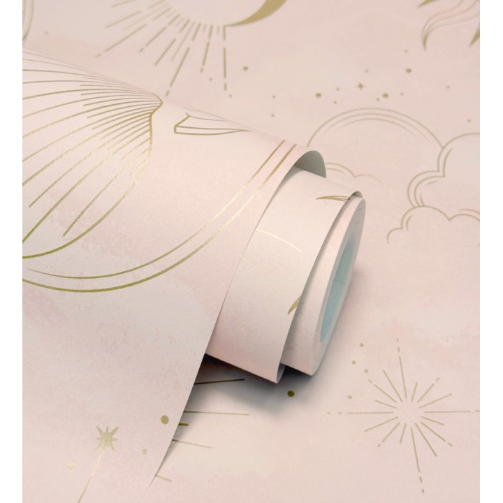 Papel pintado místico constelaciones sol luna estrellas rosa claro - Lyra Astral 684094