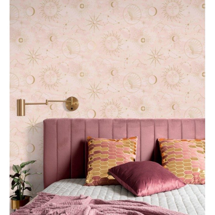 Papel pintado místico constelaciones sol luna estrellas rosa claro - Lyra Astral 684094