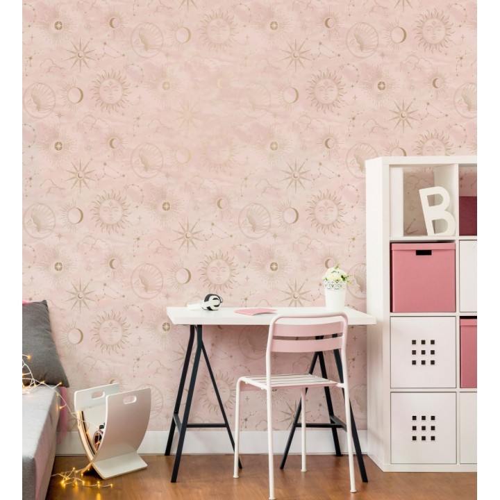 Papel pintado místico constelaciones sol luna estrellas rosa claro - Lyra Astral 684094