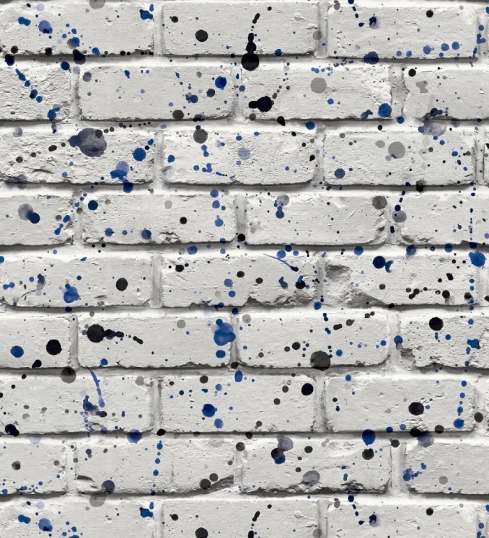 Papel pintado de ladrillos urbano con salpicaduras azules y negras - Spotty Studio 684095