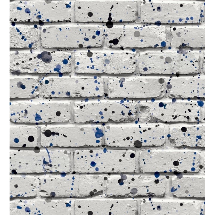 Papel pintado de ladrillos urbano con salpicaduras azules y negras - Spotty Studio 684095