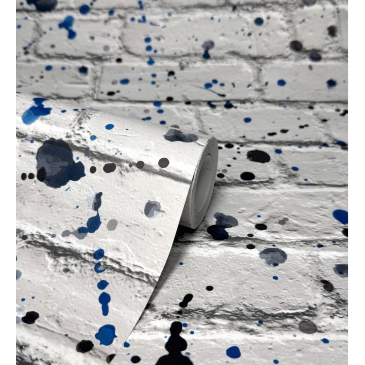 Papel pintado de ladrillos urbano con salpicaduras azules y negras - Spotty Studio 684095