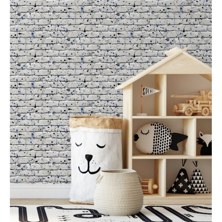 Papel pintado de ladrillos urbano con salpicaduras azules y negras - Spotty Studio 684095