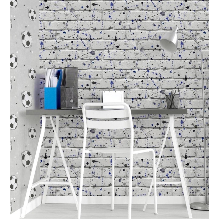 Papel pintado de ladrillos urbano con salpicaduras azules y negras - Spotty Studio 684095