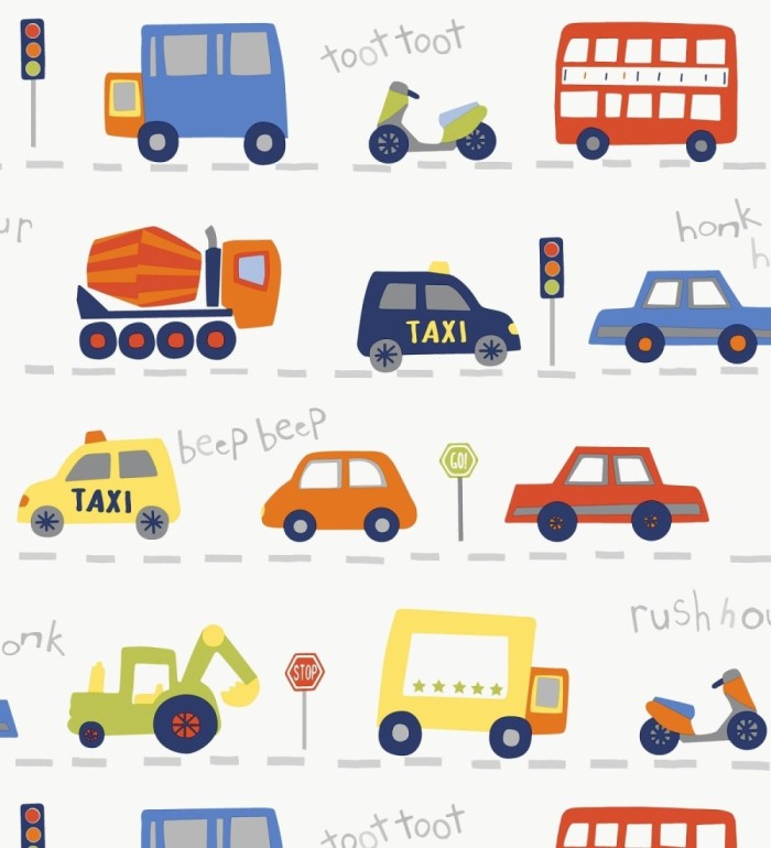 Papel pintado ciudad infantil con coches buses y camiones divertidos - Teo Drive 684099