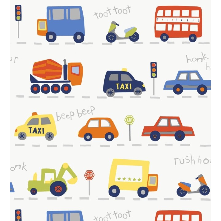 Papel pintado ciudad infantil con coches buses y camiones divertidos - Teo Drive 684099