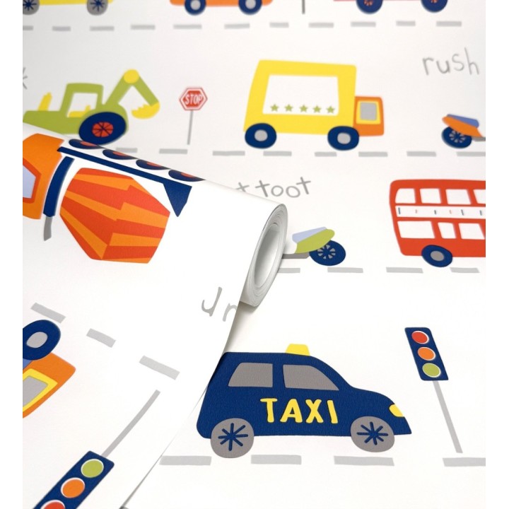 Papel pintado ciudad infantil con coches buses y camiones divertidos - Teo Drive 684099
