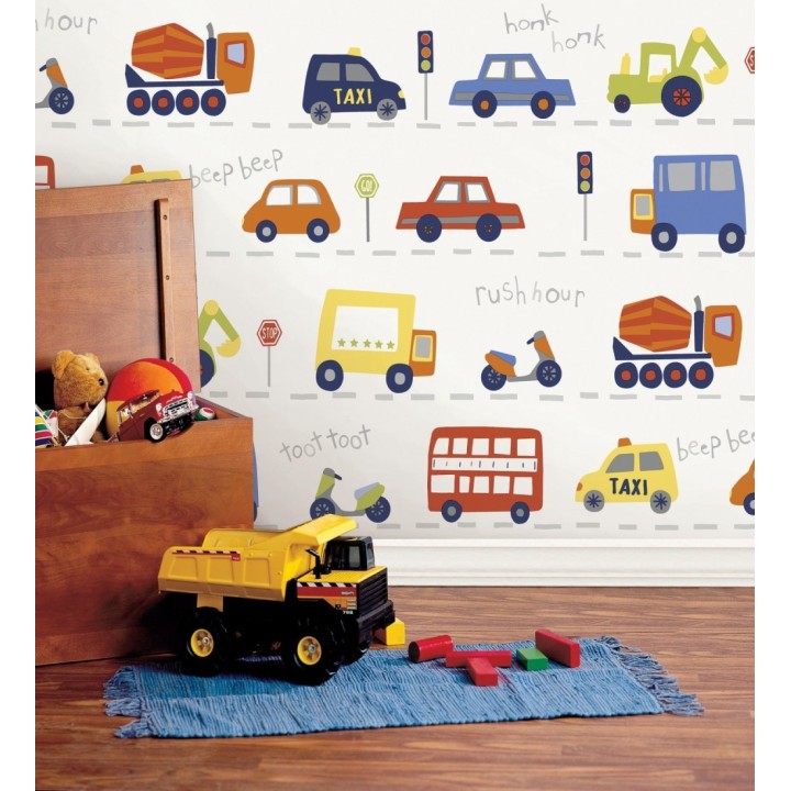 Papel pintado ciudad infantil con coches buses y camiones divertidos - Teo Drive 684099