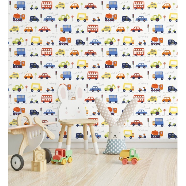 Papel pintado ciudad infantil con coches buses y camiones divertidos - Teo Drive 684099