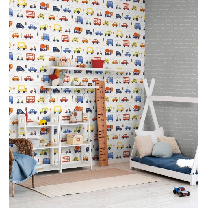 Papel pintado ciudad infantil con coches buses y camiones divertidos - Teo Drive 684099