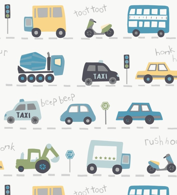 Papel pintado ciudad infantil con coches buses y camiones divertidos - Teo Drive 684100