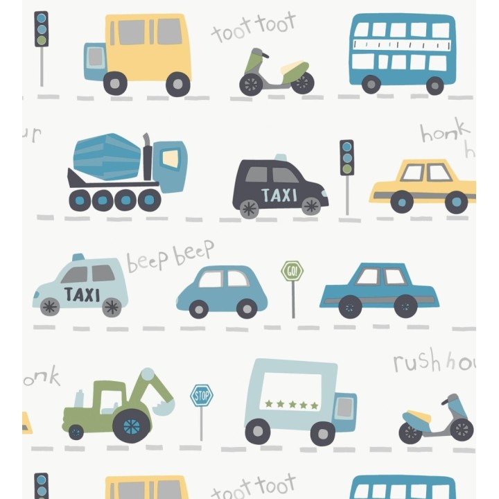 Papel pintado ciudad infantil con coches buses y camiones divertidos - Teo Drive 684100