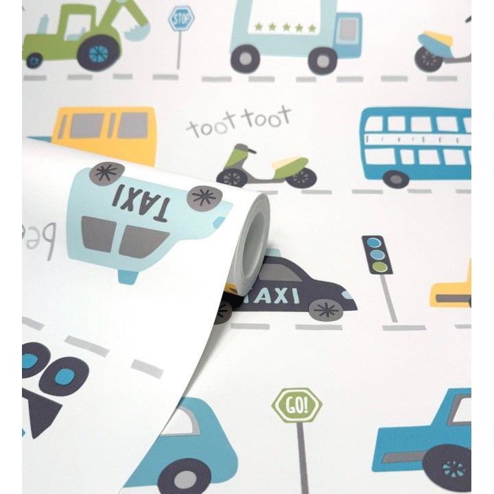 Papel pintado ciudad infantil con coches buses y camiones divertidos - Teo Drive 684100