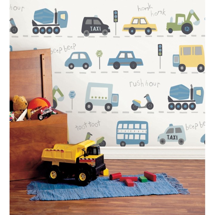 Papel pintado ciudad infantil con coches buses y camiones divertidos - Teo Drive 684100