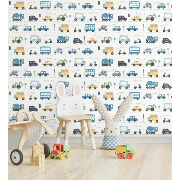 Papel pintado ciudad infantil con coches buses y camiones divertidos - Teo Drive 684100
