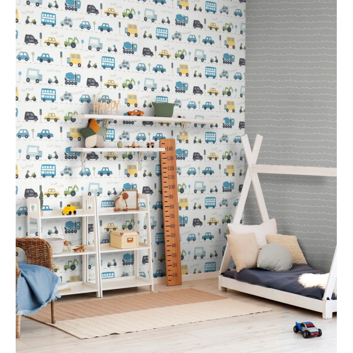 Papel pintado ciudad infantil con coches buses y camiones divertidos - Teo Drive 684100