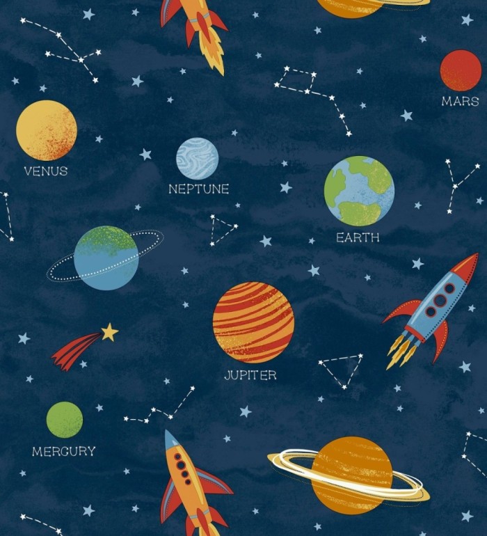 Papel pintado cosmos educativo planetas y astronautas azul - Milo Space 684101