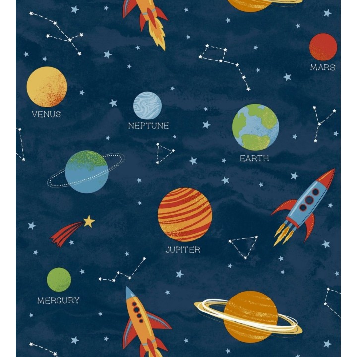 Papel pintado cosmos educativo planetas y astronautas azul - Milo Space 684101