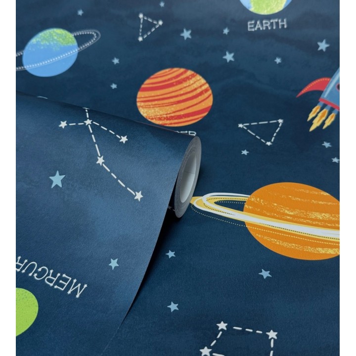 Papel pintado cosmos educativo planetas y astronautas azul - Milo Space 684101