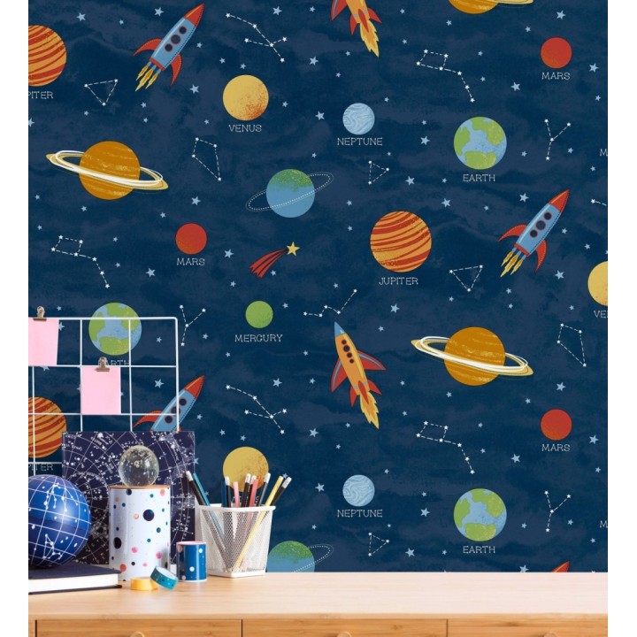 Papel pintado cosmos educativo planetas y astronautas azul - Milo Space 684101