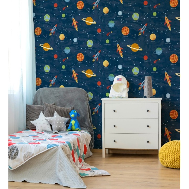 Papel pintado cosmos educativo planetas y astronautas azul - Milo Space 684101