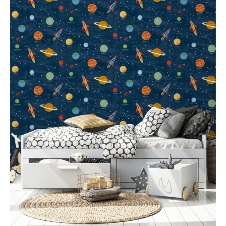 Papel pintado cosmos educativo planetas y astronautas azul - Milo Space 684101