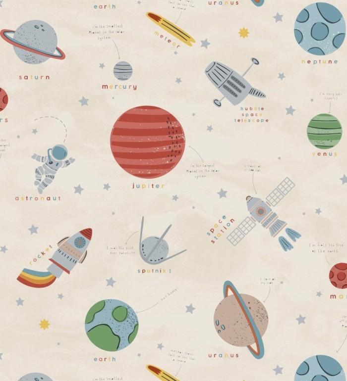 Papel pintado cosmos educativo planetas y astronautas beige - Milo Space 684102