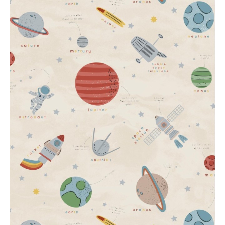 Papel pintado cosmos educativo planetas y astronautas beige - Milo Space 684102