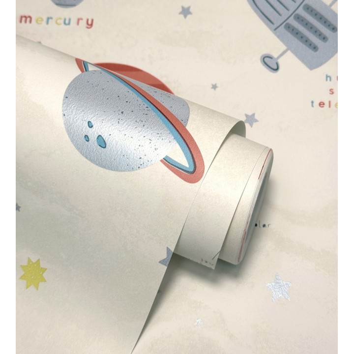 Papel pintado cosmos educativo planetas y astronautas beige - Milo Space 684102