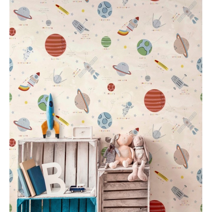 Papel pintado cosmos educativo planetas y astronautas beige - Milo Space 684102
