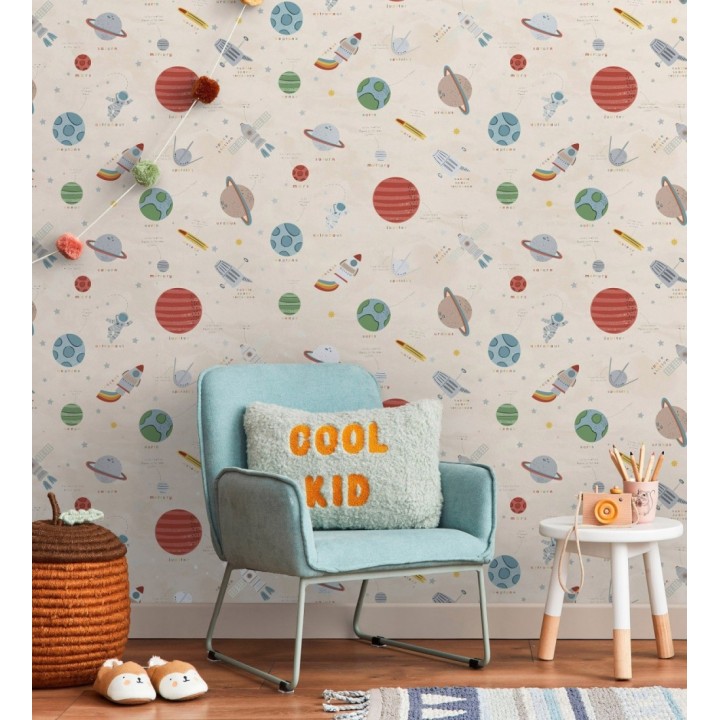 Papel pintado cosmos educativo planetas y astronautas beige - Milo Space 684102
