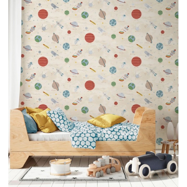 Papel pintado cosmos educativo planetas y astronautas beige - Milo Space 684102