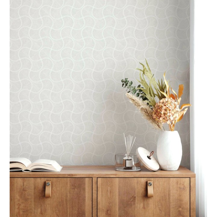 Papel pintado art déco abanicos blancos en relieve efecto metalizado - Gatsby Lavish 684107