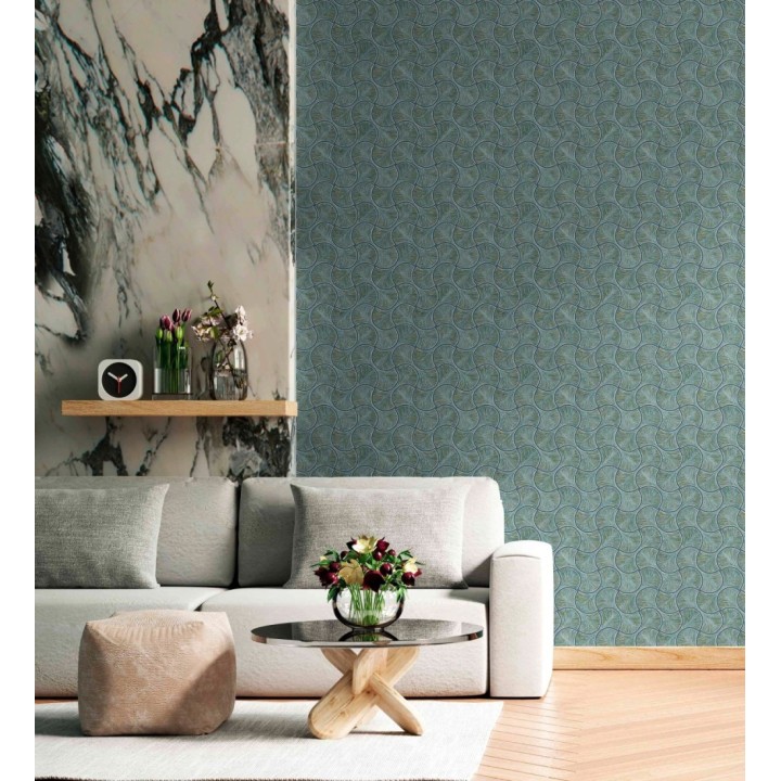 Papel pintado art déco abanicos turquesa  en relieve efecto metalizado - Gatsby Lavish 684112