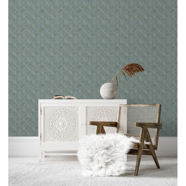 Papel pintado art déco abanicos turquesa  en relieve efecto metalizado - Gatsby Lavish 684112