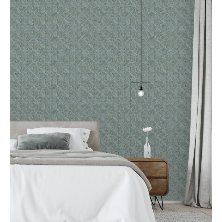 Papel pintado art déco abanicos turquesa  en relieve efecto metalizado - Gatsby Lavish 684112