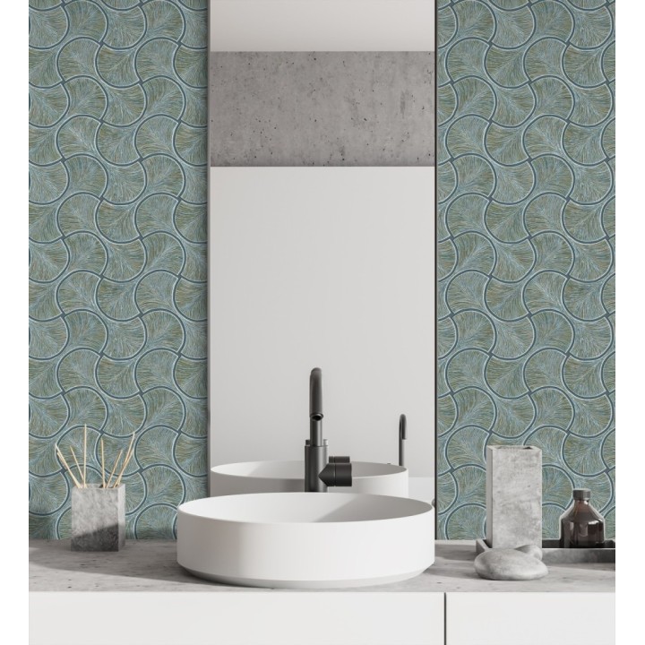 Papel pintado art déco abanicos turquesa  en relieve efecto metalizado - Gatsby Lavish 684112