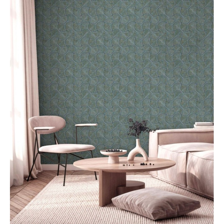 Papel pintado art déco abanicos turquesa  en relieve efecto metalizado - Gatsby Lavish 684112