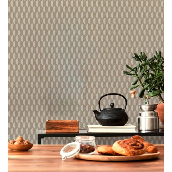Papel pintado geometría óptica en relieve textil tono cacahuete - Carlton Gridded 684142