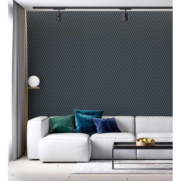 Papel pintado geometría óptica en relieve textil tono azul y marrón - Carlton Gridded 684143