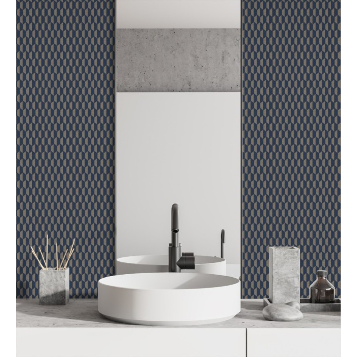 Papel pintado geometría óptica en relieve textil tono azul y marrón - Carlton Gridded 684143