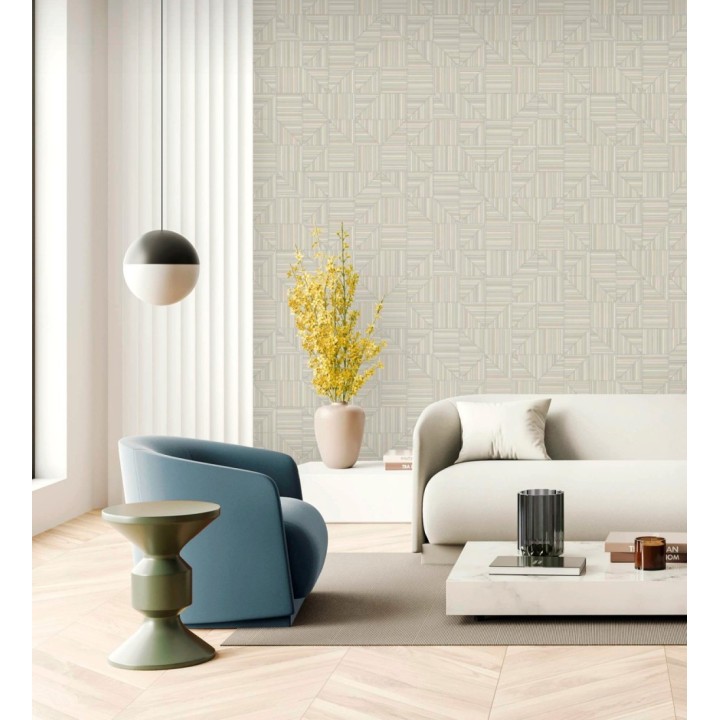 Papel pintado mosaico textil geométrico tonos lino y gris - Waldorf Dynamic 684146