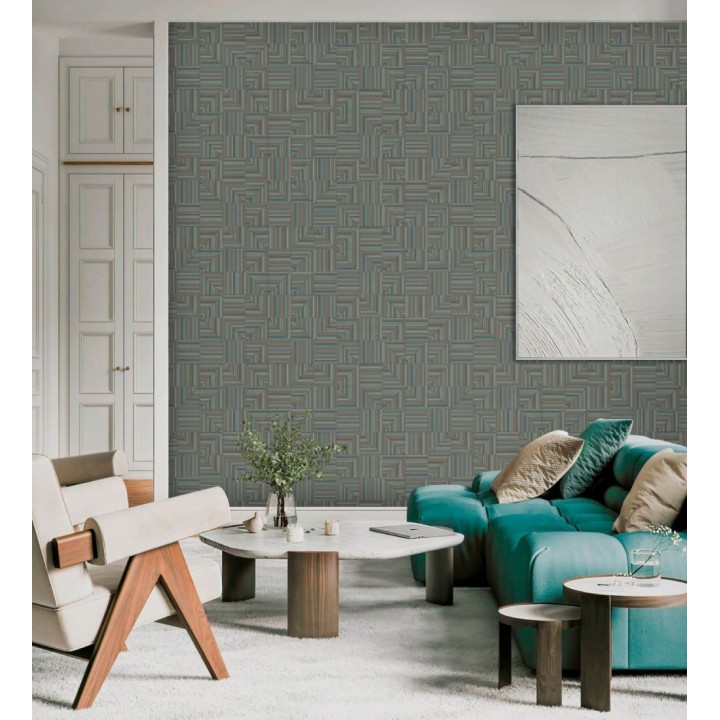 Papel pintado mosaico textil geométrico tonos azul y ocre - Waldorf Dynamic 684147