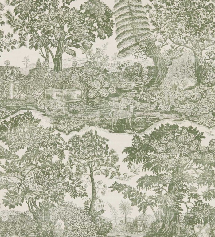 Papel pintado toile de Jouy verde con ciervo pastoral - Richmond Toile 684181