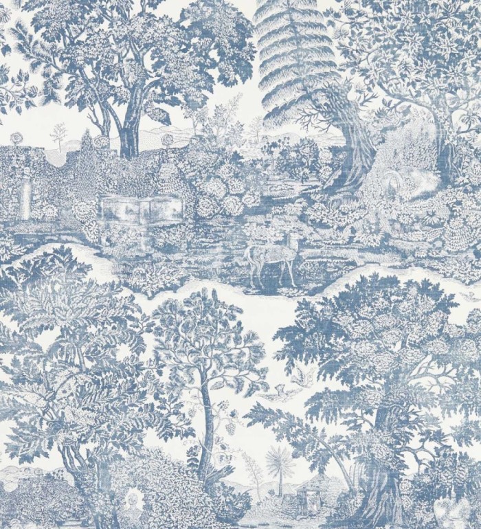 Papel pintado toile de Jouy azul con ciervo pastoral - Richmond Toile 684182