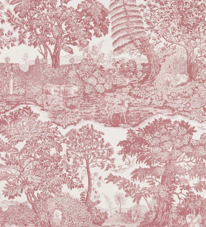 Papel pintado toile de Jouy rojo con ciervo pastoral - Richmond Toile 684189