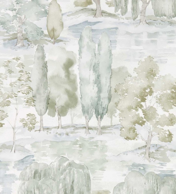 Papel pintado paisaje bucólico acuarela verde niebla - Thoreau Misty 684191