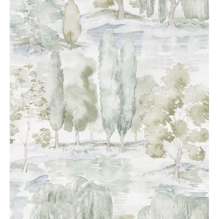 Papel pintado paisaje bucólico acuarela verde niebla - Thoreau Misty 684191