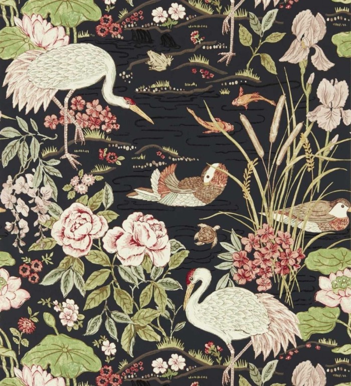 Papel pintado edén de garzas chinoiserie fondo negro - Lotus Waterfowl 684192