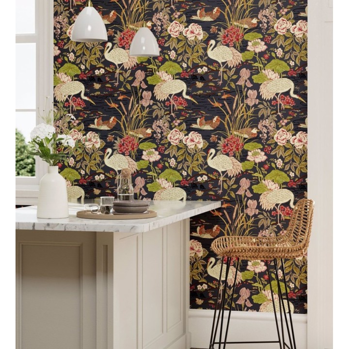 Papel pintado edén de garzas chinoiserie fondo negro - Lotus Waterfowl 684192